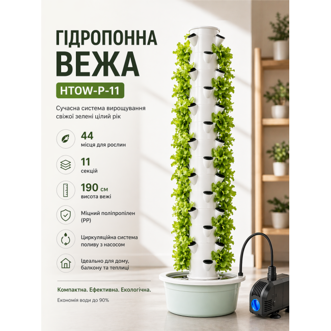 Гідропонна вежа HTOW-P-11 (11 секцій, 44 рослини, з насосом)